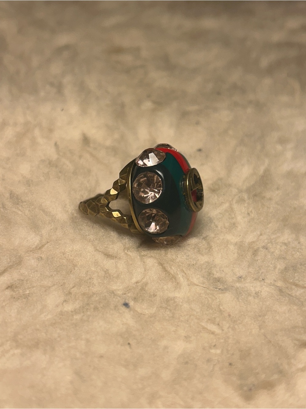 Designer inspired size 8 Gold-Tone Green and Red Crystal Accent Dome Ring